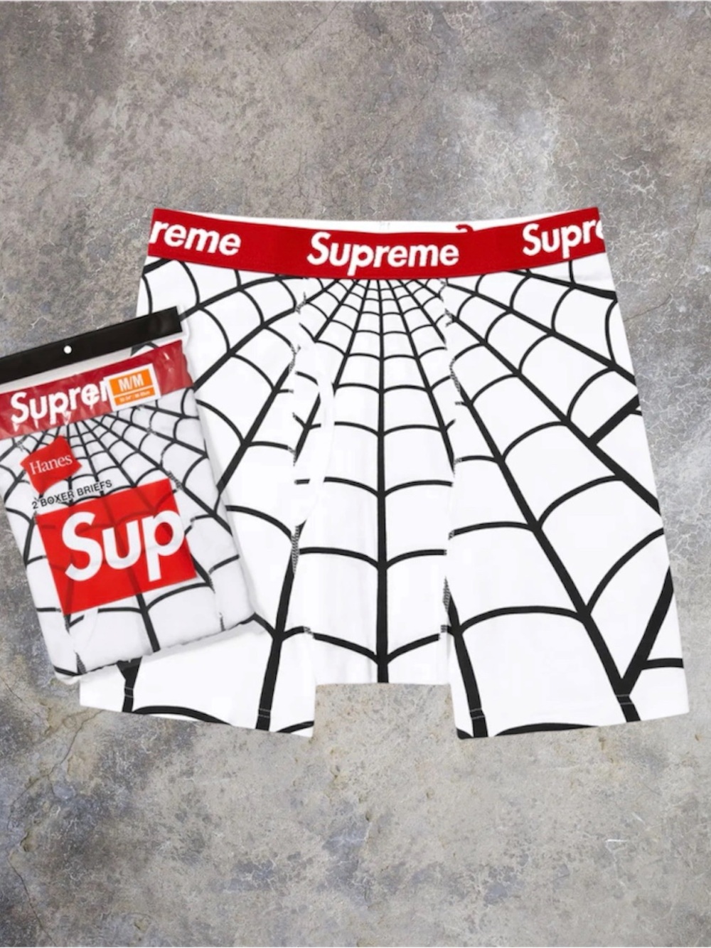 Supreme White Boxer Briefs with Black Web Print and Red Waistband